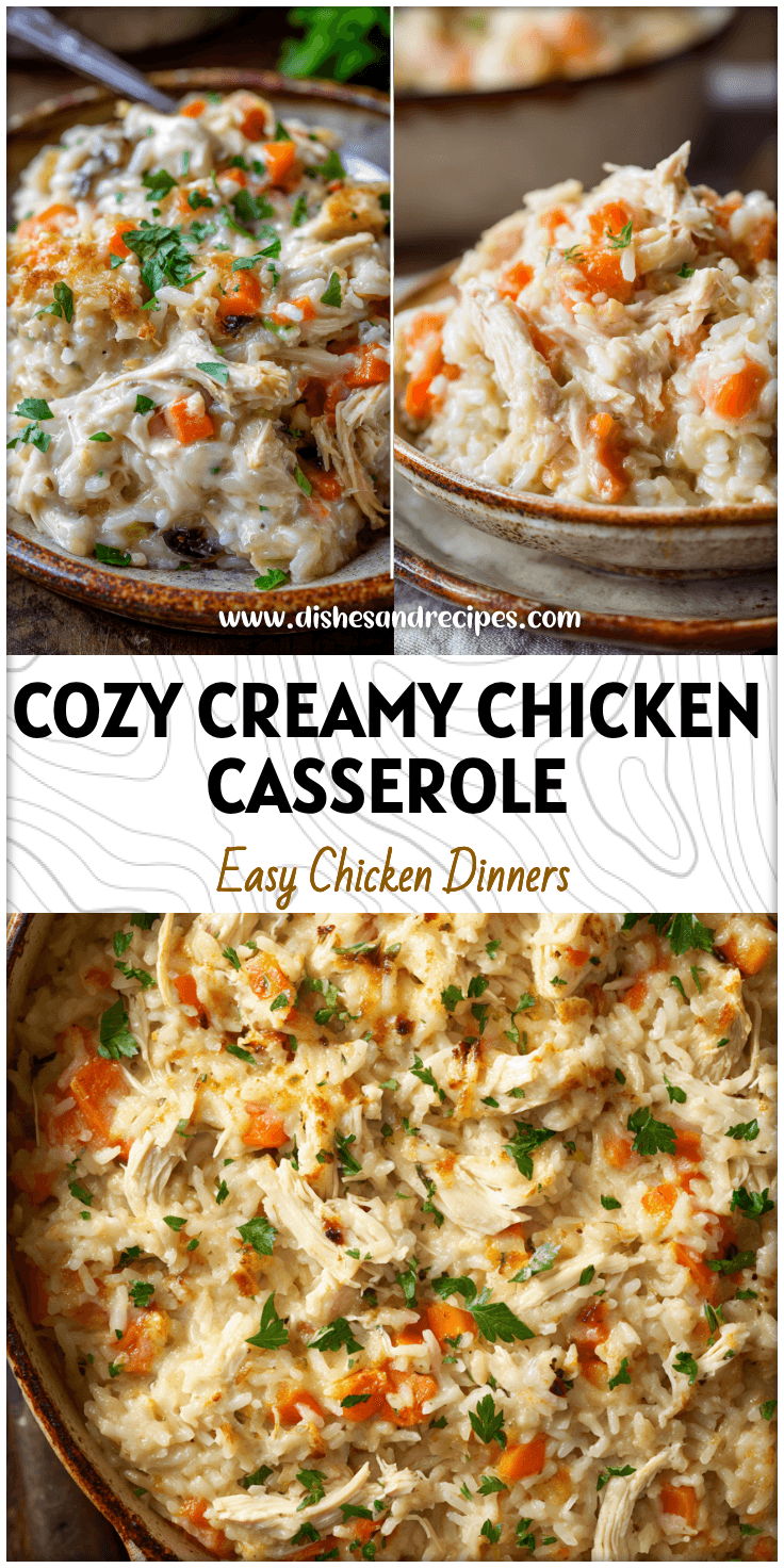 A creamy baked chicken and rice casserole with carrots served in a rustic dish, perfect lunch idea for the family.